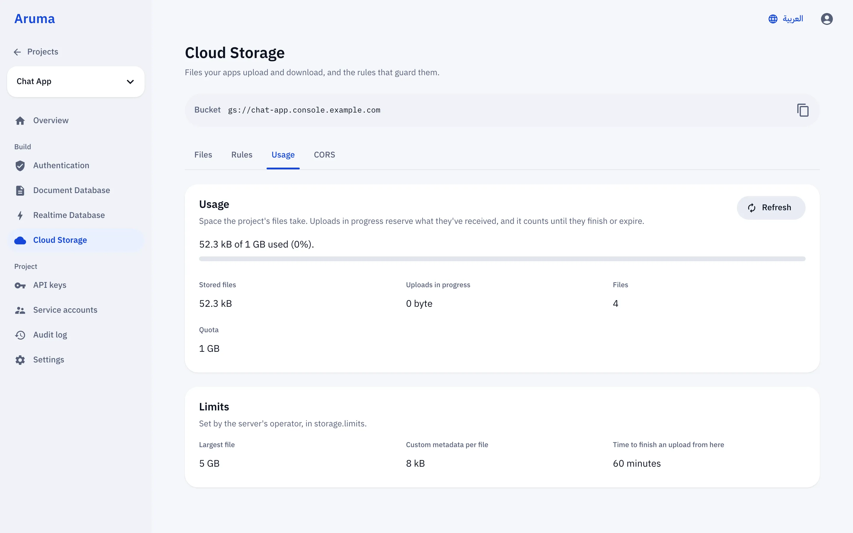 Aruma console: Cloud Storage usage